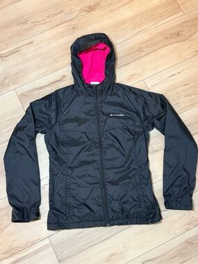Columbia Women’s Black Hooded Windbreaker Jacket Pink Lined Size Small